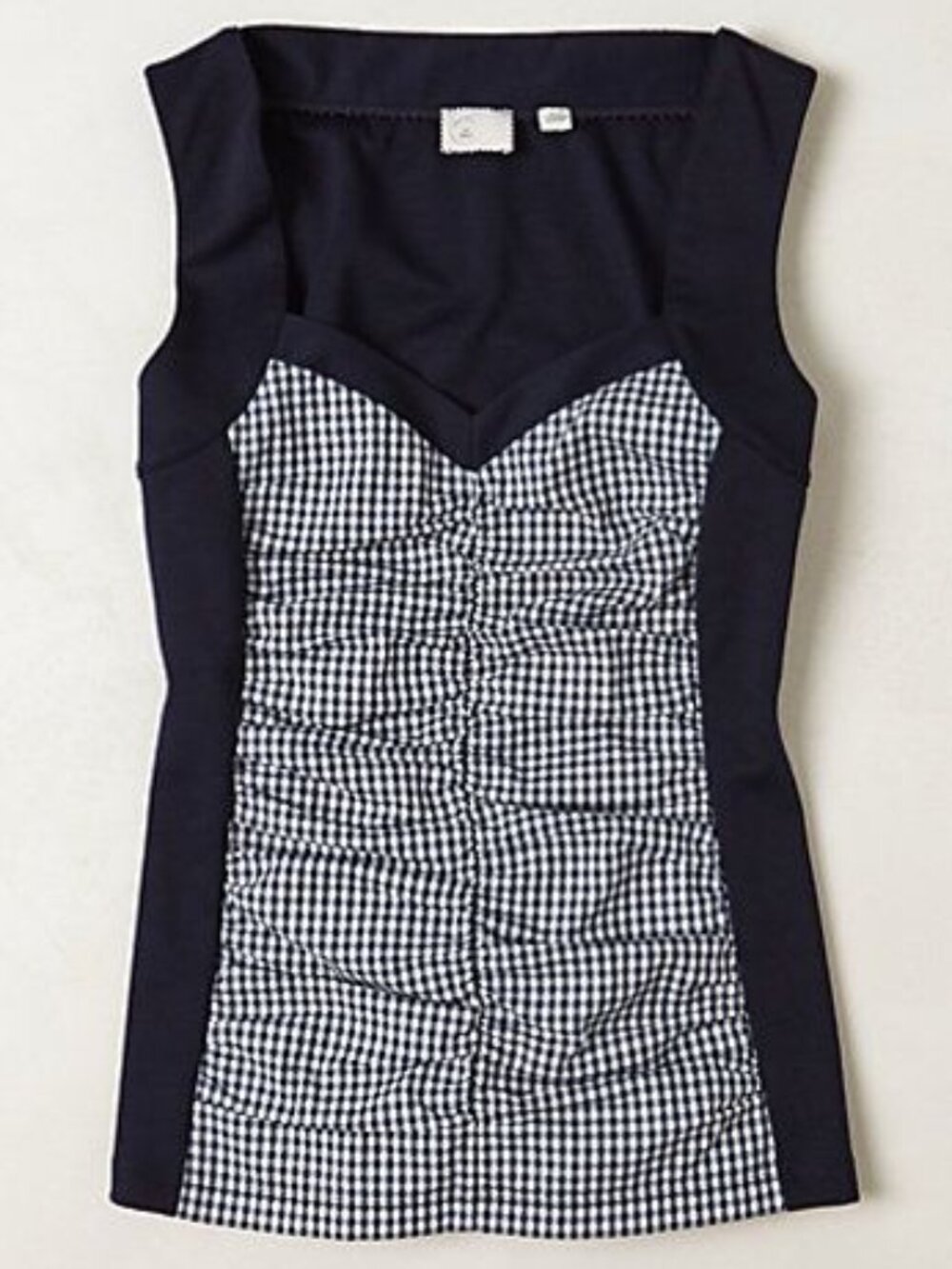 Anthropologie Ruched Gingham Tank Navy Knit Sleeveless Top